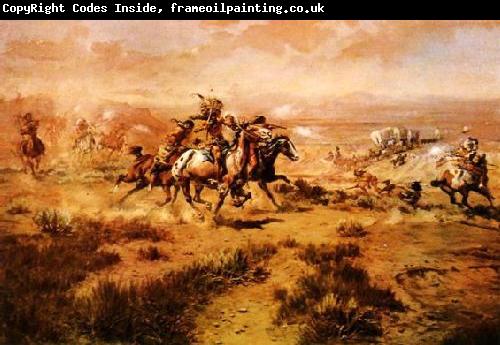 Charles M Russell The Attack on the Wagon Train